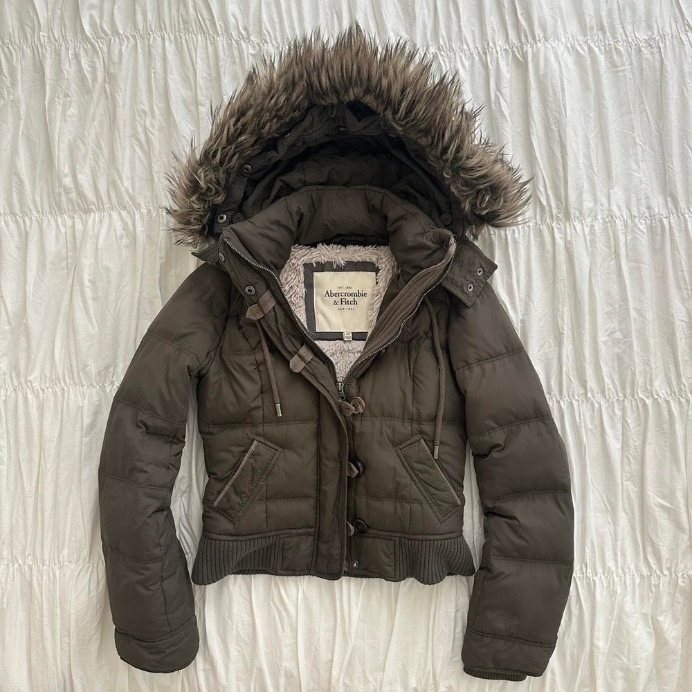 Y2K Cropped Olive Green Puffer Jacket With Fur Hood